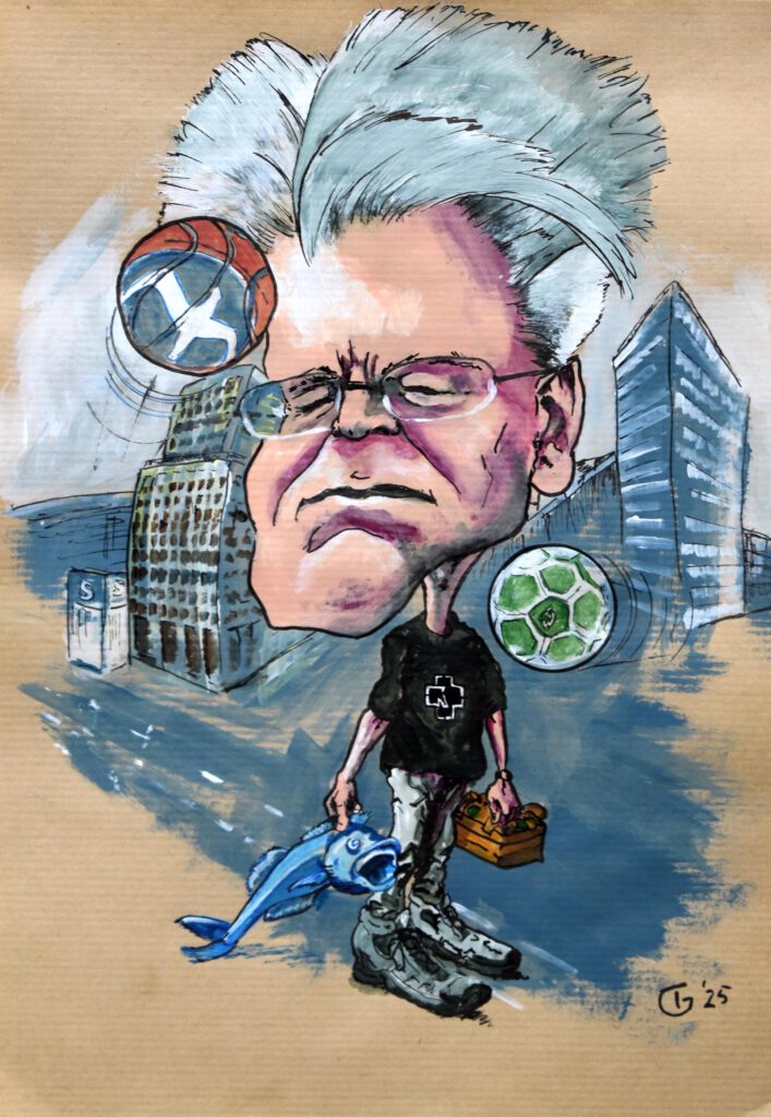 Karikatur, 2025 Acryl und Fineliner  auf Papier 29,07 x 21 cm