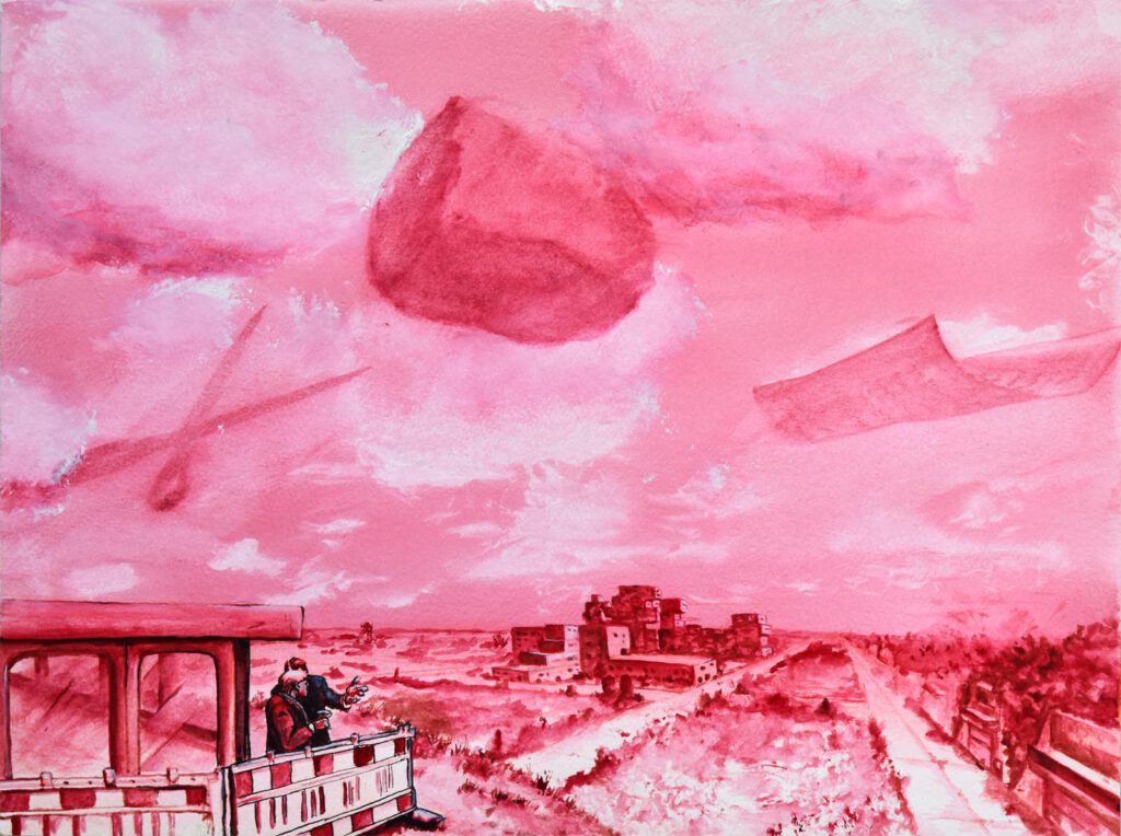 Schere Stein Papier über Metastadt, 2025 Acryl auf Papier, 30 x 40 cm
