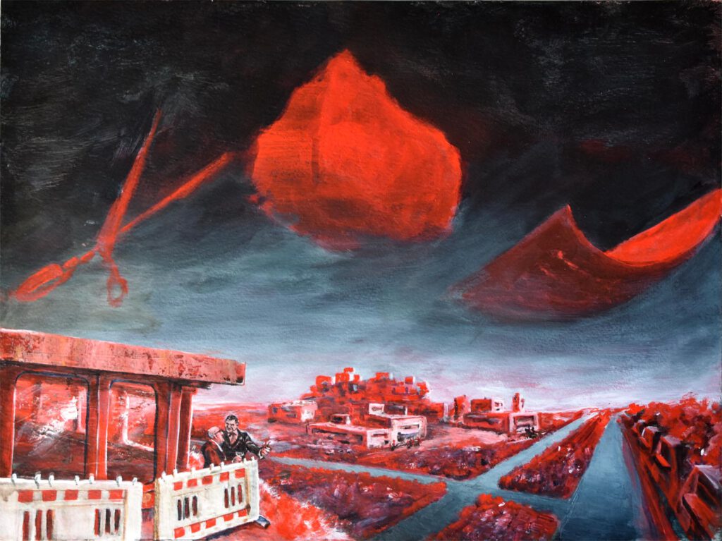 Schere Stein Papier über Metastadt 2, 2025 Acryl auf Papier, 30 x 40 cm